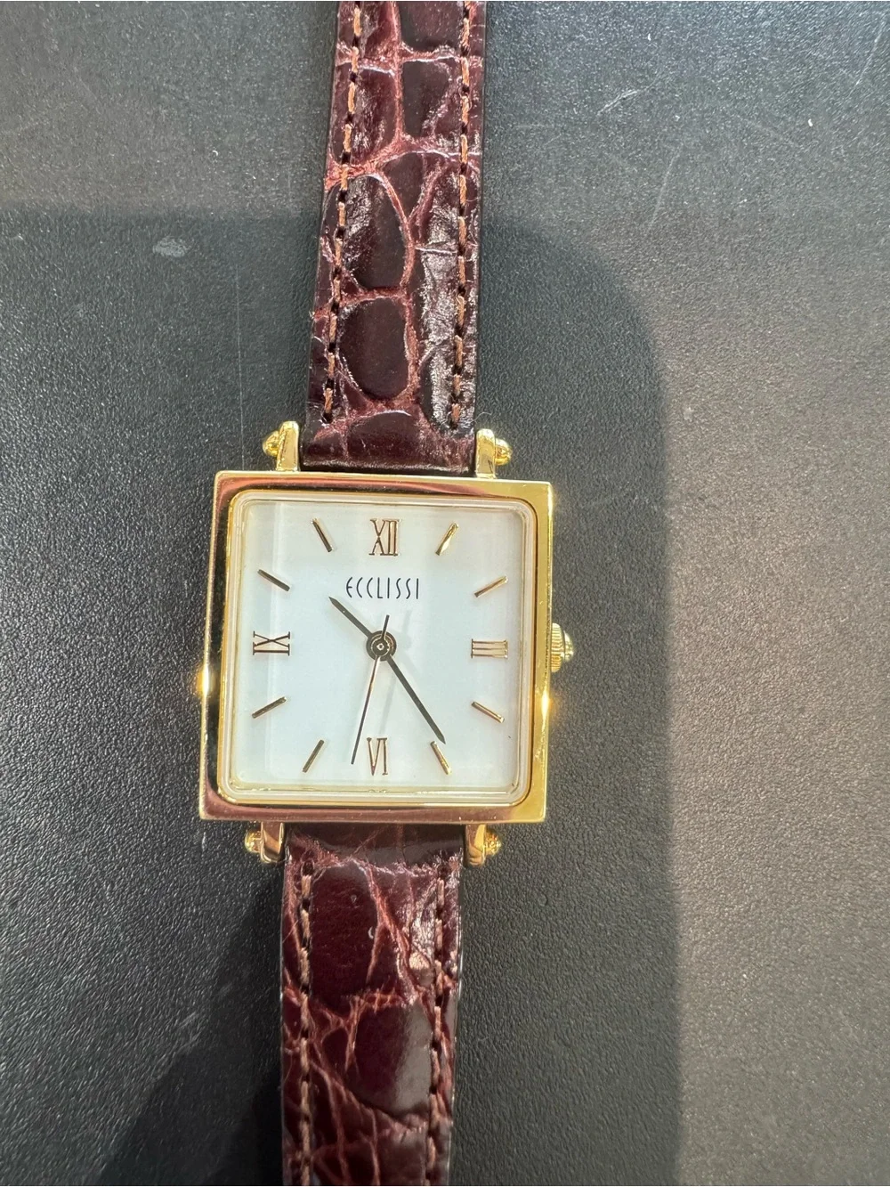 Ecclissi Gold Tone Square Watch with White Roman Dial & Brown Croc Leather Strap